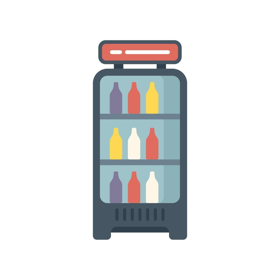 Display fridge filled with beverages in bottles standing on the floor vector