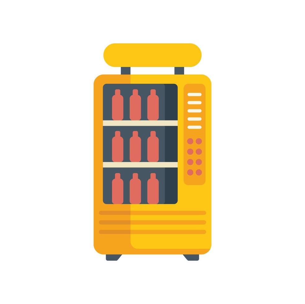 Yellow vending machine dispensing beverages in plastic bottles icon vector