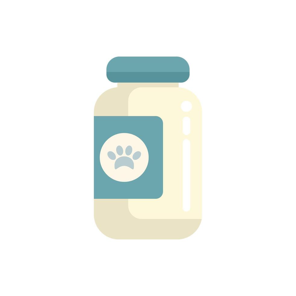 Glass jar with blue label containing pet supplements displaying paw print vector