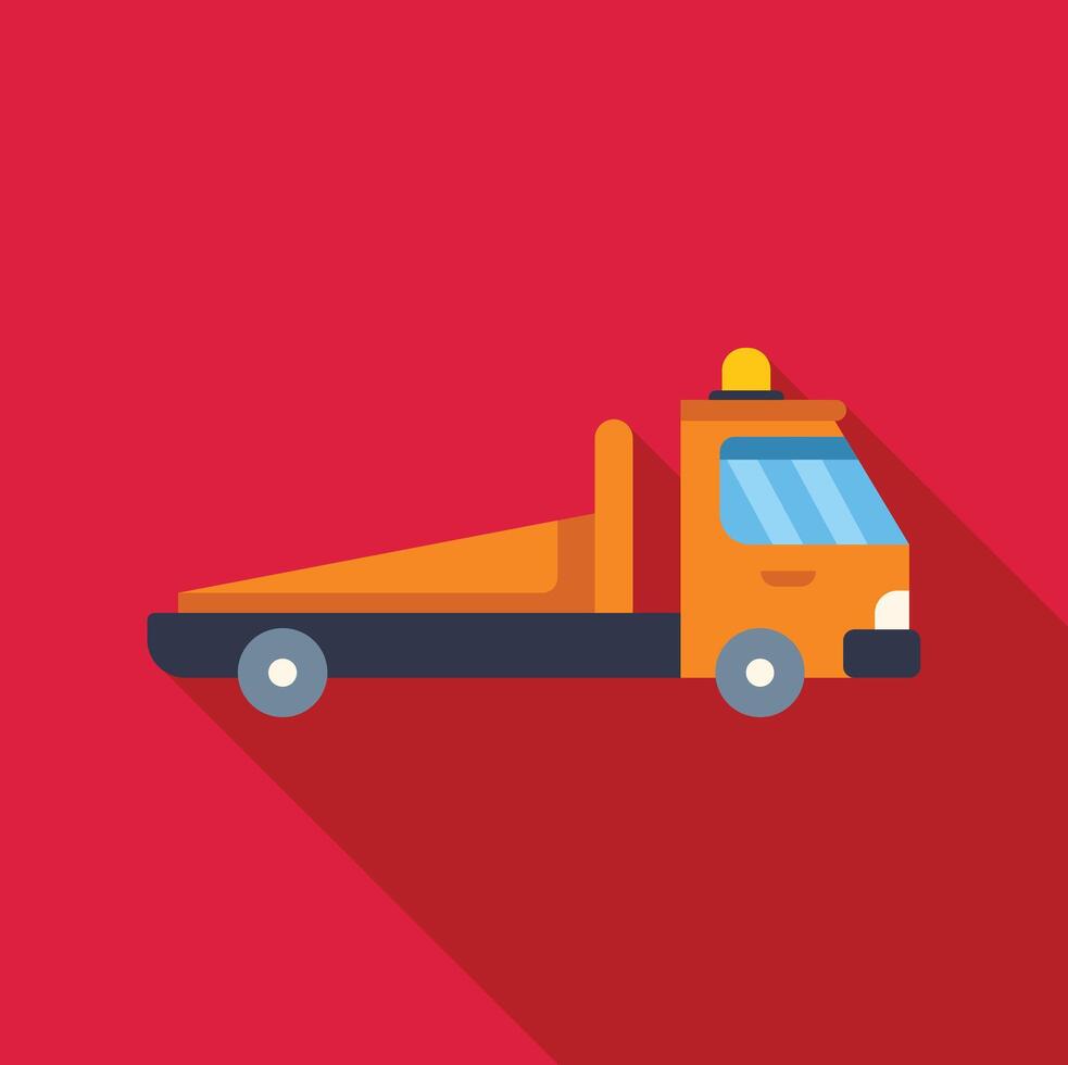 Tow truck offering roadside assistance with long shadow on red background vector