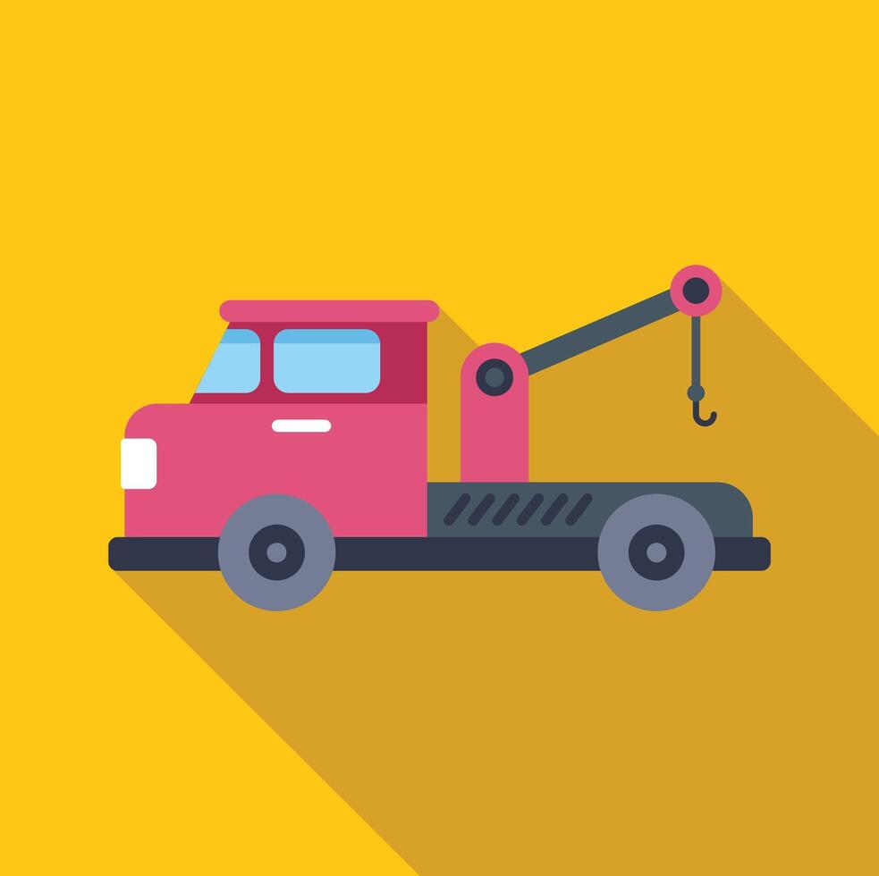 Pink tow truck towing with hook on yellow background vector