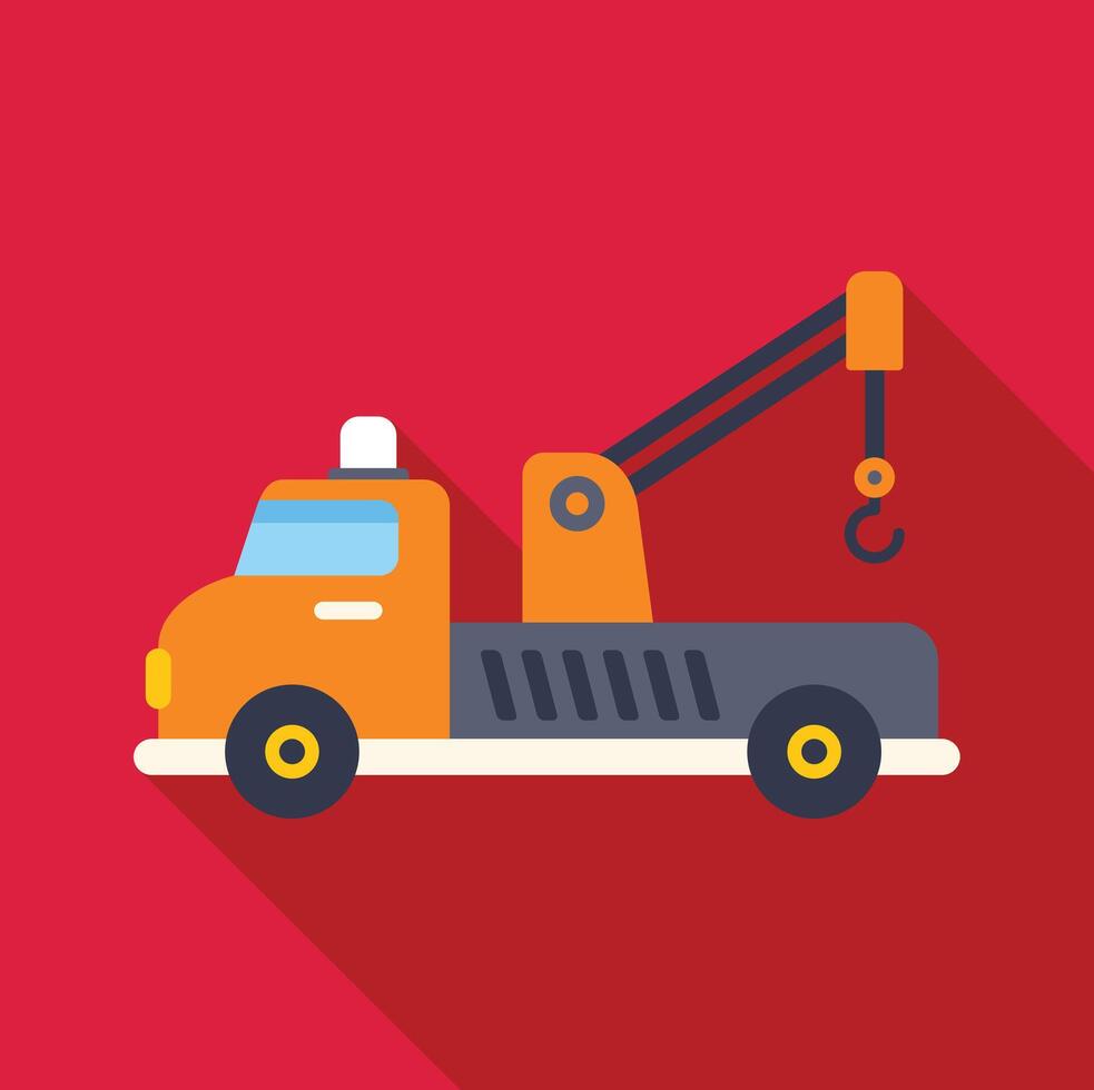 Orange tow truck with hook lifting mechanism on red background vector