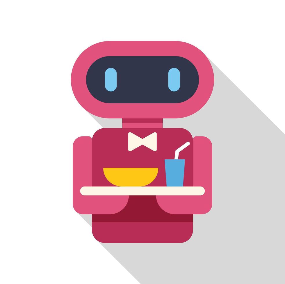 Pink robot waiter holding a tray with food and drink icon vector