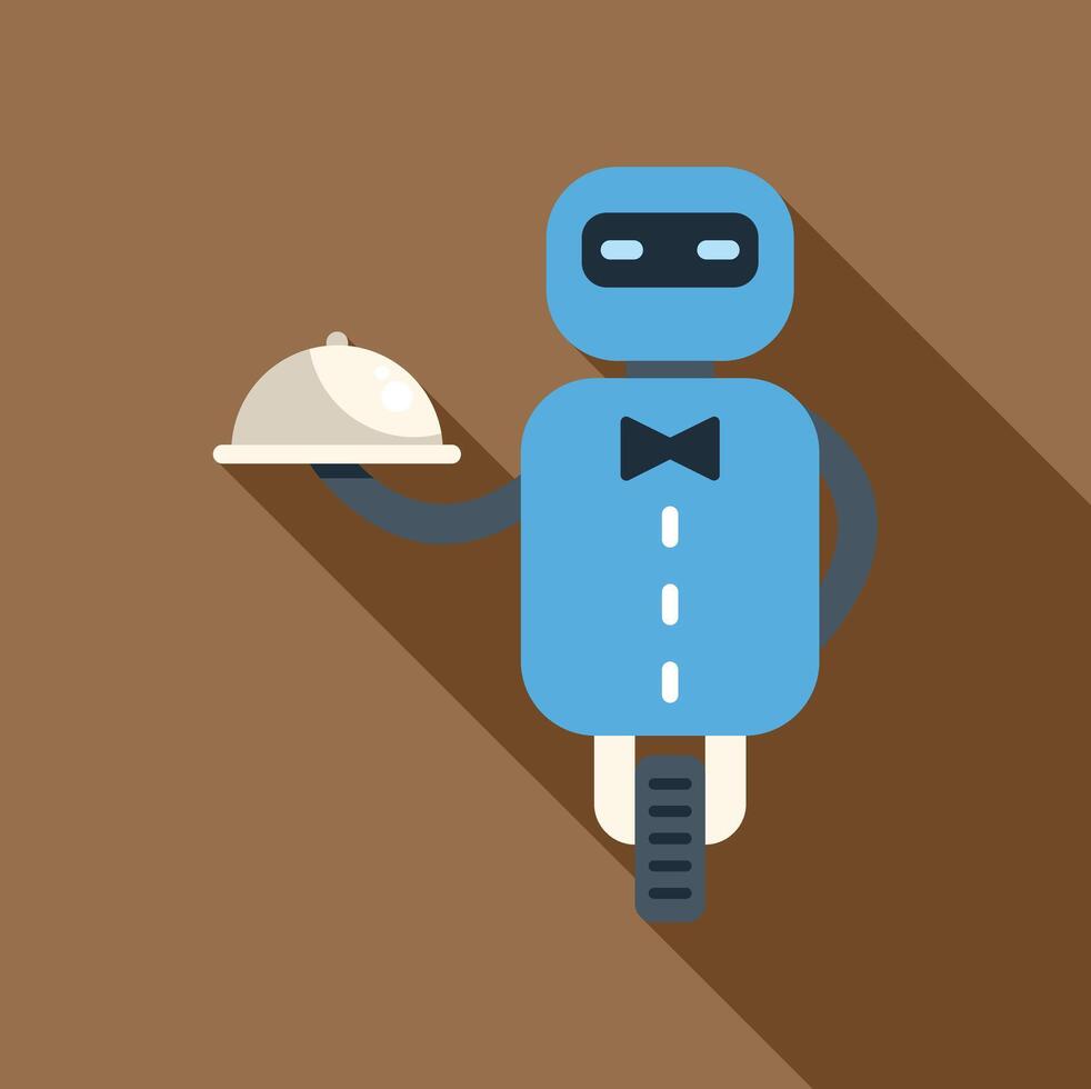 Blue robot waiter is holding a silver covered tray vector