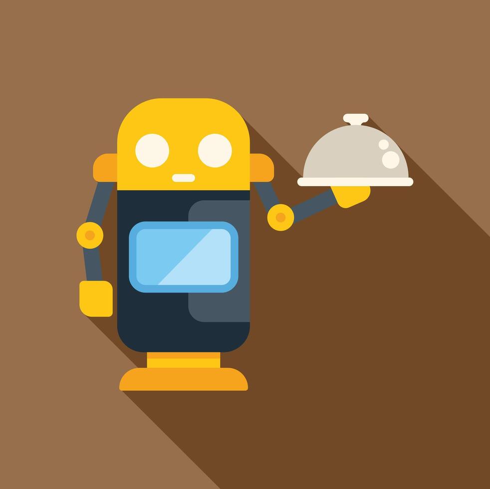 Friendly robot waiter holding a dome platter vector