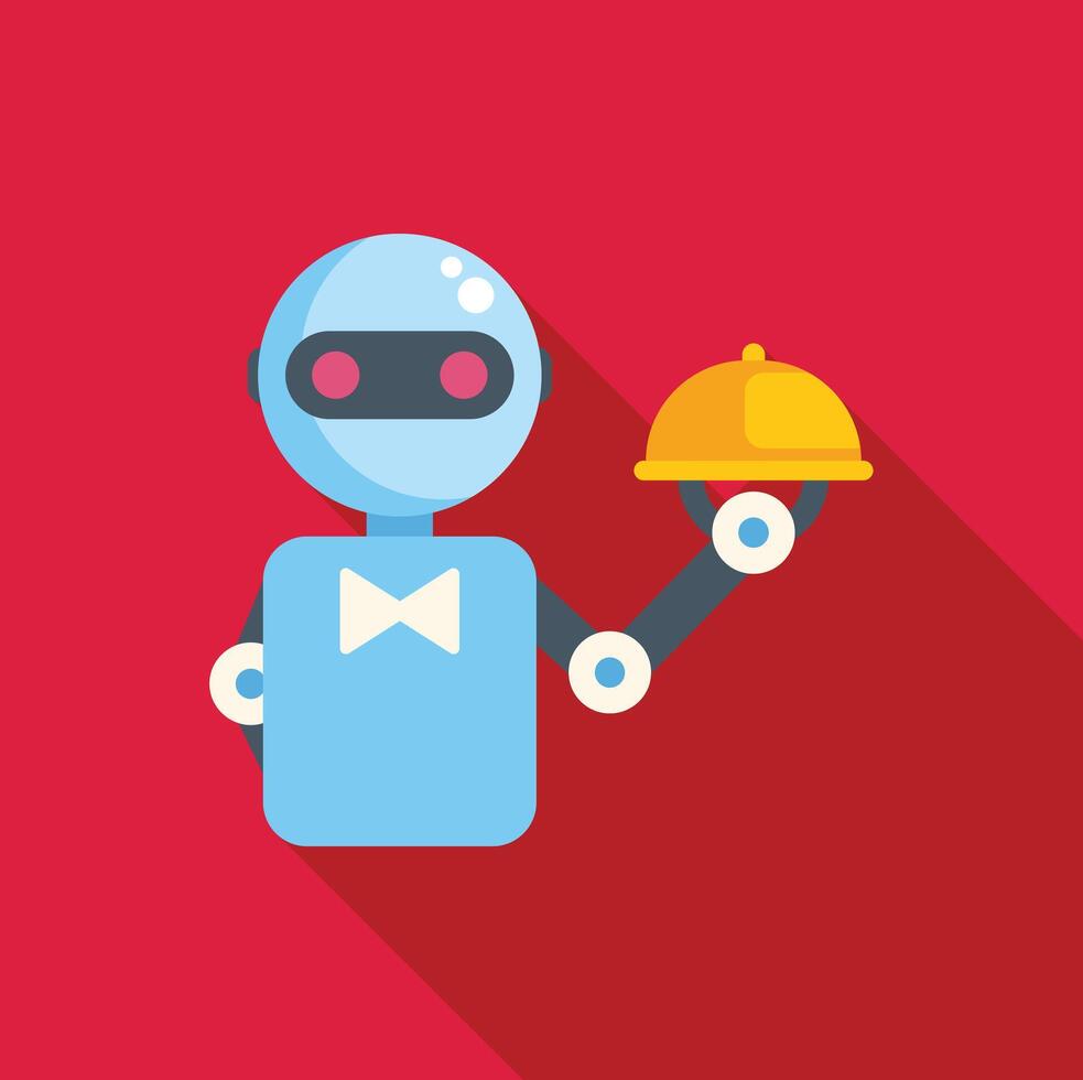 Modern robot waiter serving food holding cloche platter vector