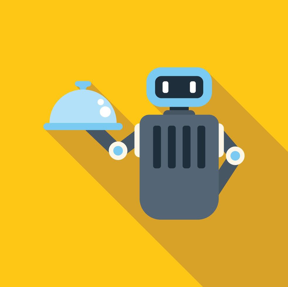 Robot holding covered restaurant serving tray flat icon design vector