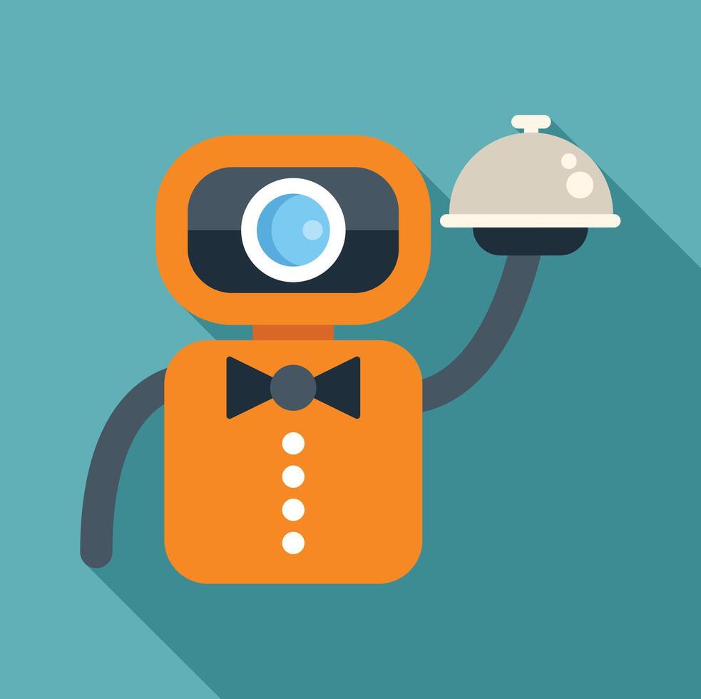Robot waiter holding silver platter serving food order vector
