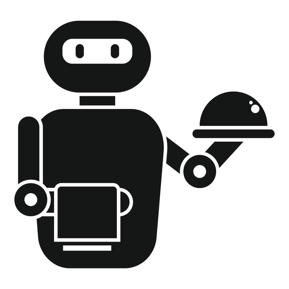 Robot waiter holding cloche and towel in restaurant icon vector