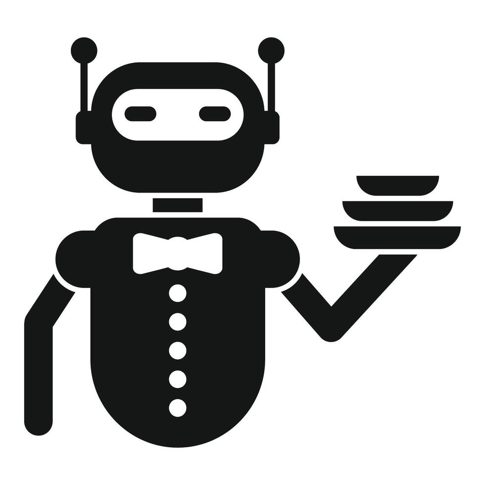 Robot waiter holding plates serving food in restaurant glyph icon vector