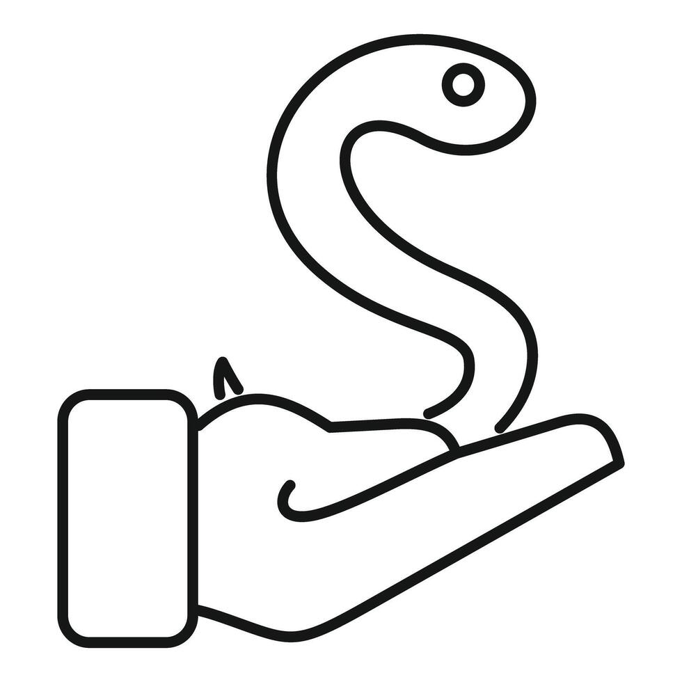 Hand holding small snake line icon, reptile petting concept vector