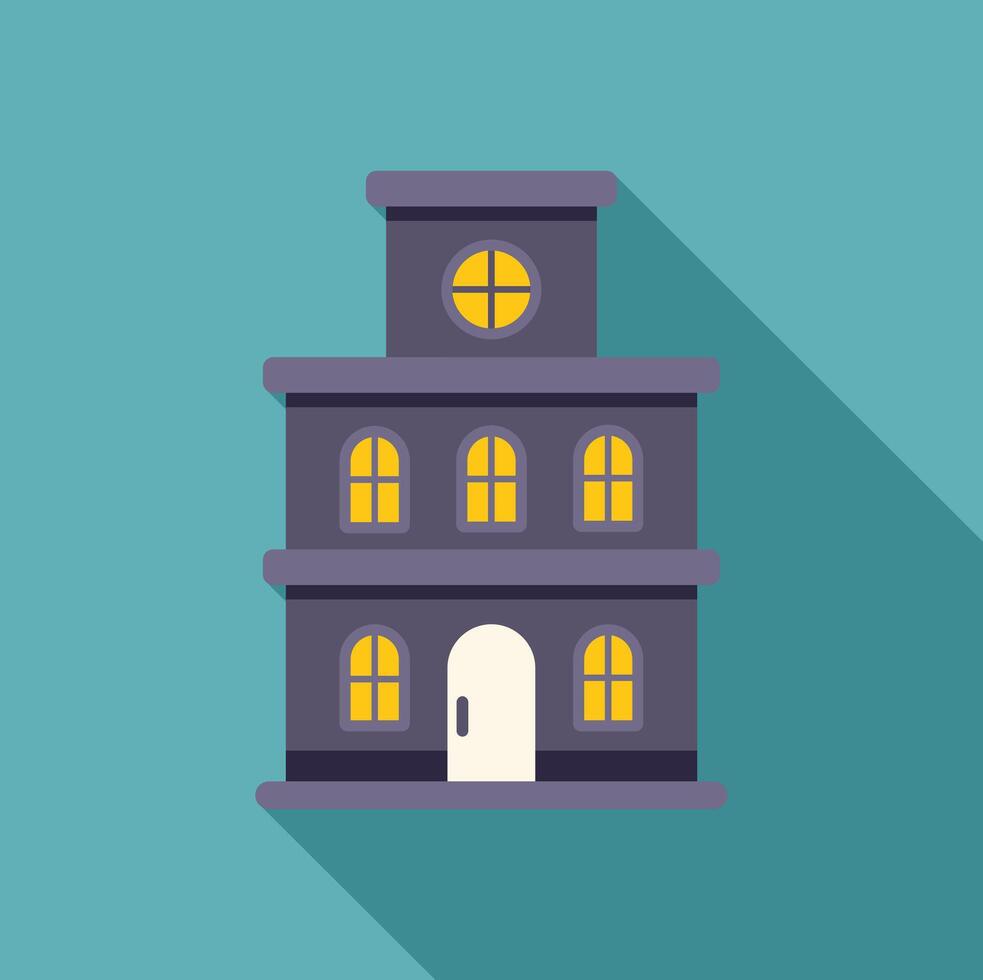 Three storey building with lit windows at night flat design illustration vector