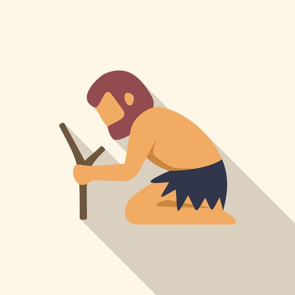 Primitive caveman kneeling and sharpening stick with sharp stone vector
