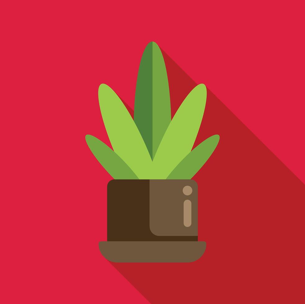 Green plant growing in a pot with long shadow on red background vector