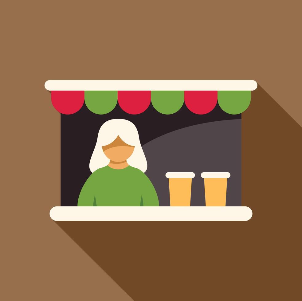 Female character working behind counter selling drinks at street food market vector
