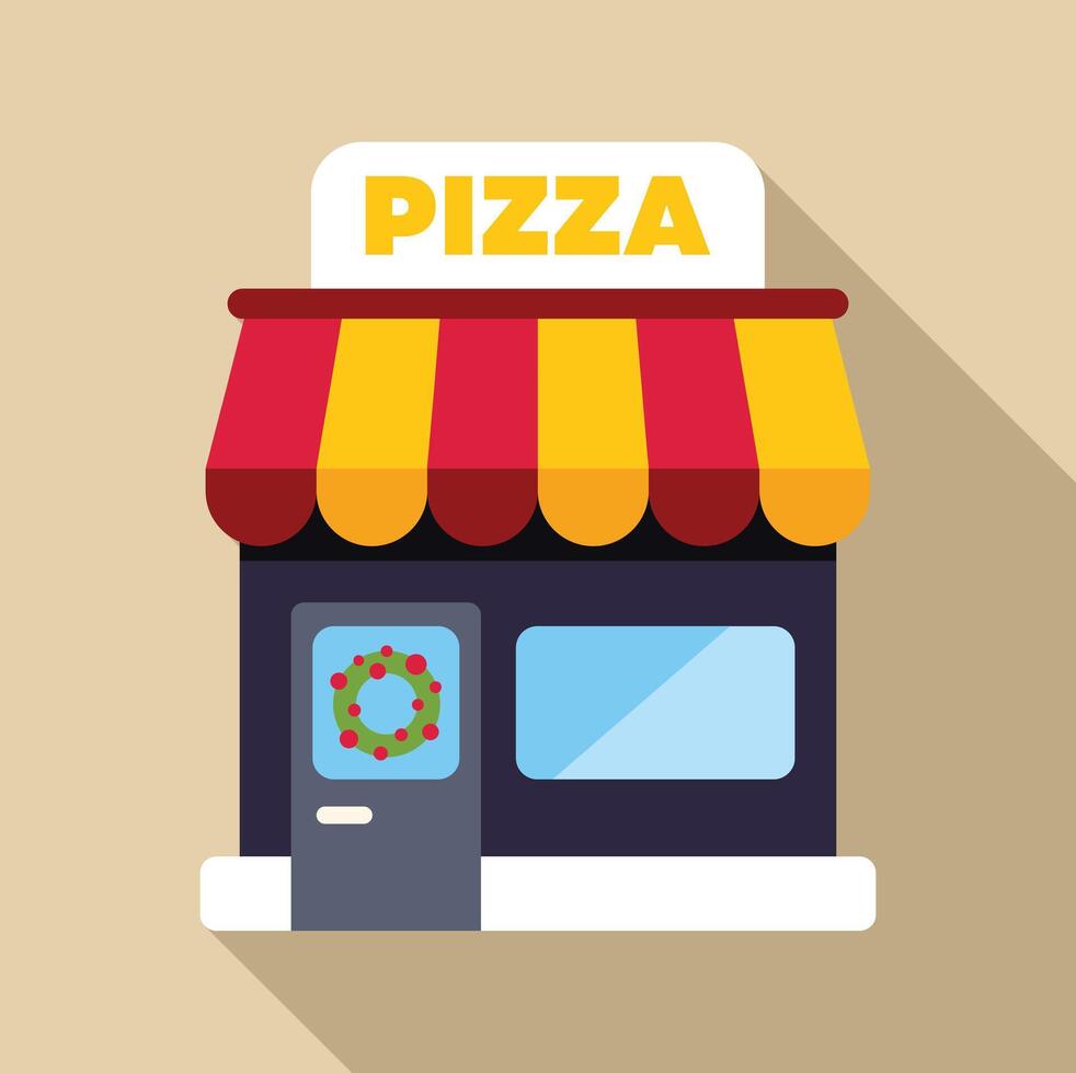 Pizzeria facade decorated with christmas wreath for holidays season vector