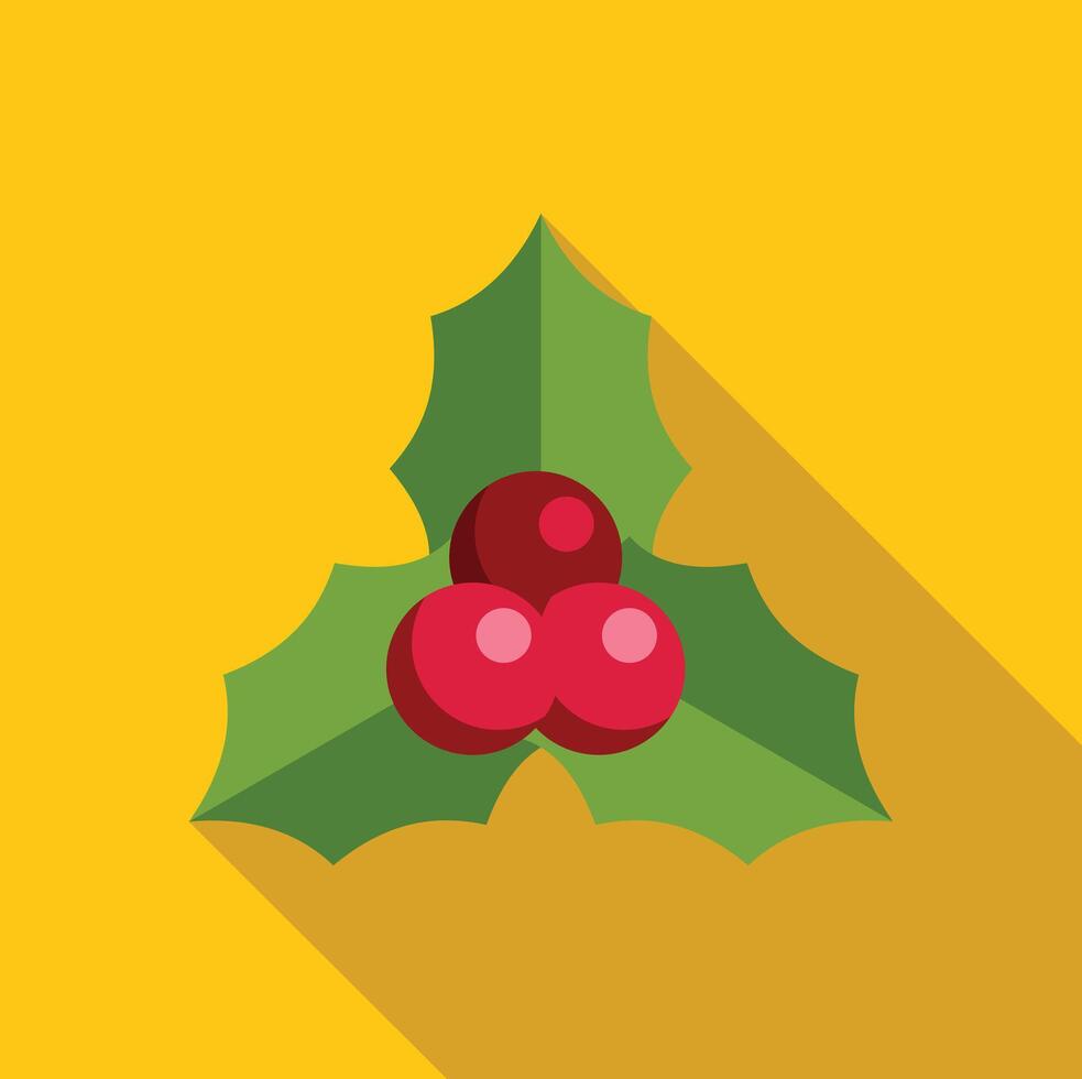 Holly leaves with red berries on yellow background with long shadow vector