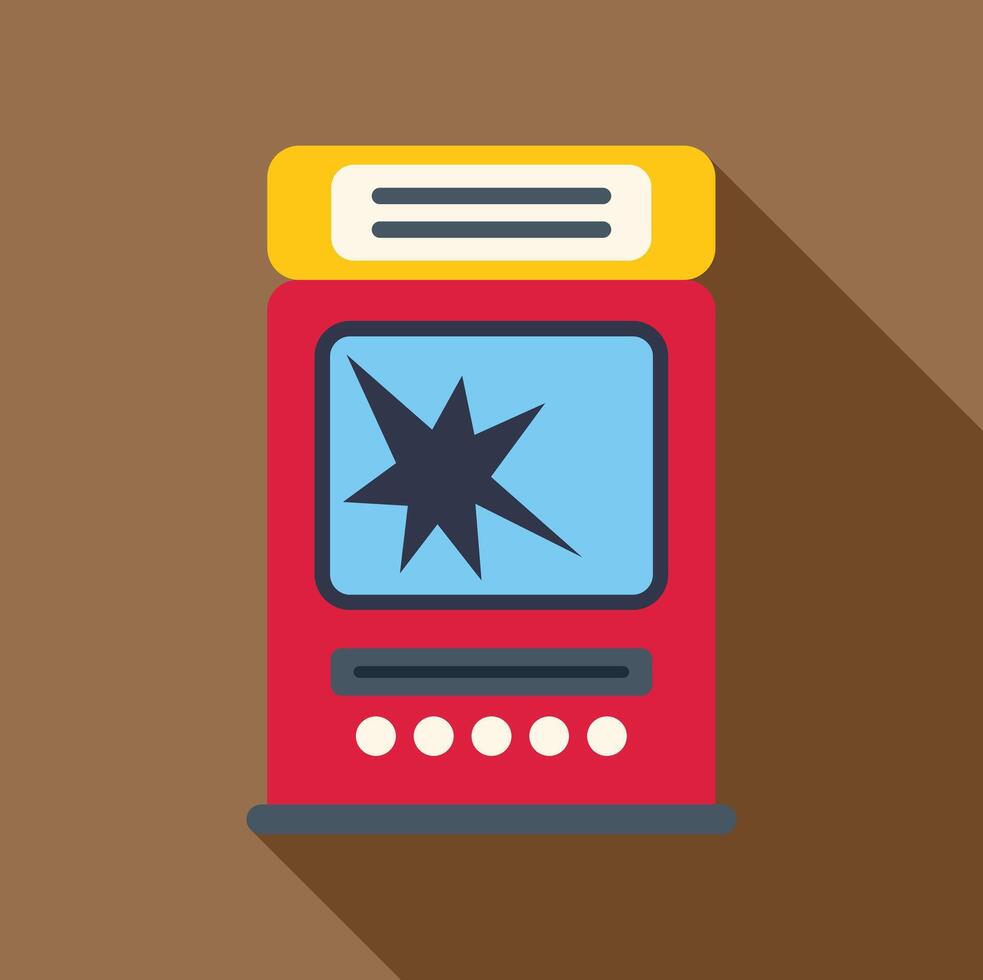 Red retro arcade game machine with broken screen displaying explosion vector