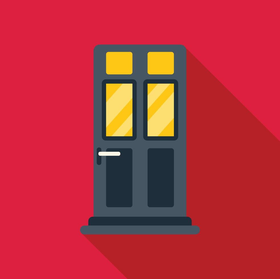 Classic front door with glass panes casting long shadow on red background vector
