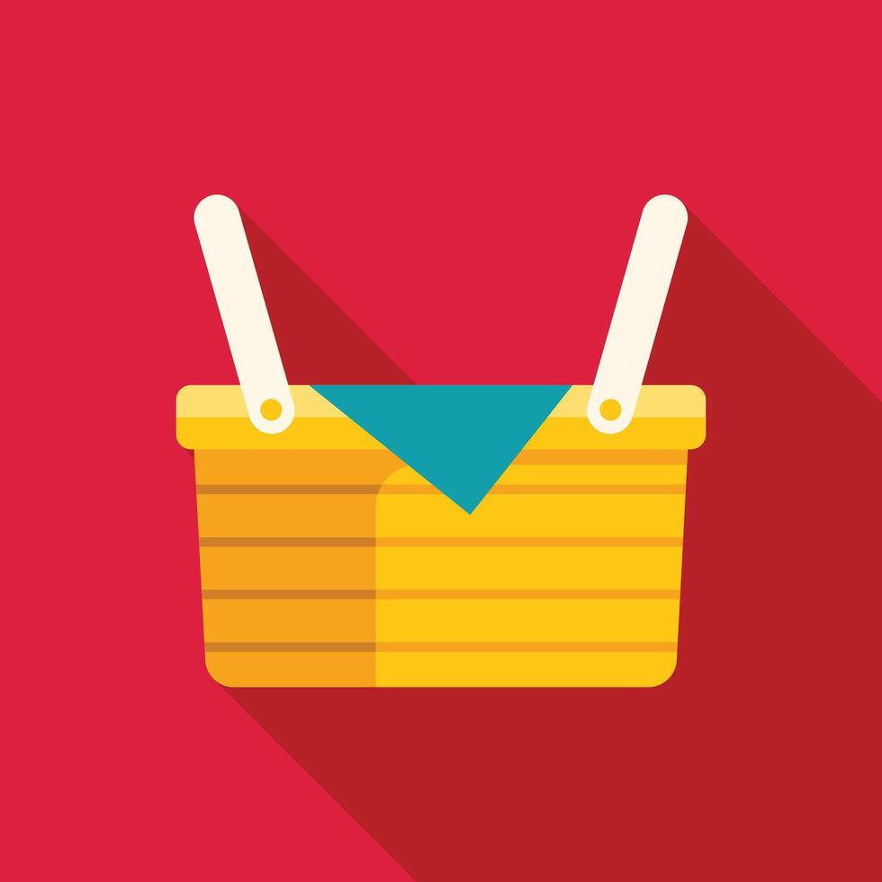 Yellow wicker picnic basket with blue blanket on red background vector