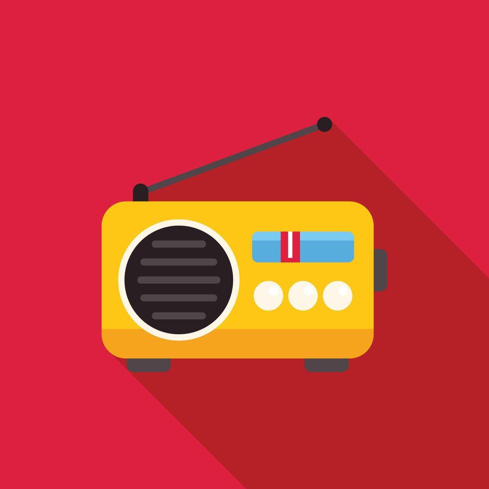 Yellow radio receiver broadcasting on airwaves with long shadow vector