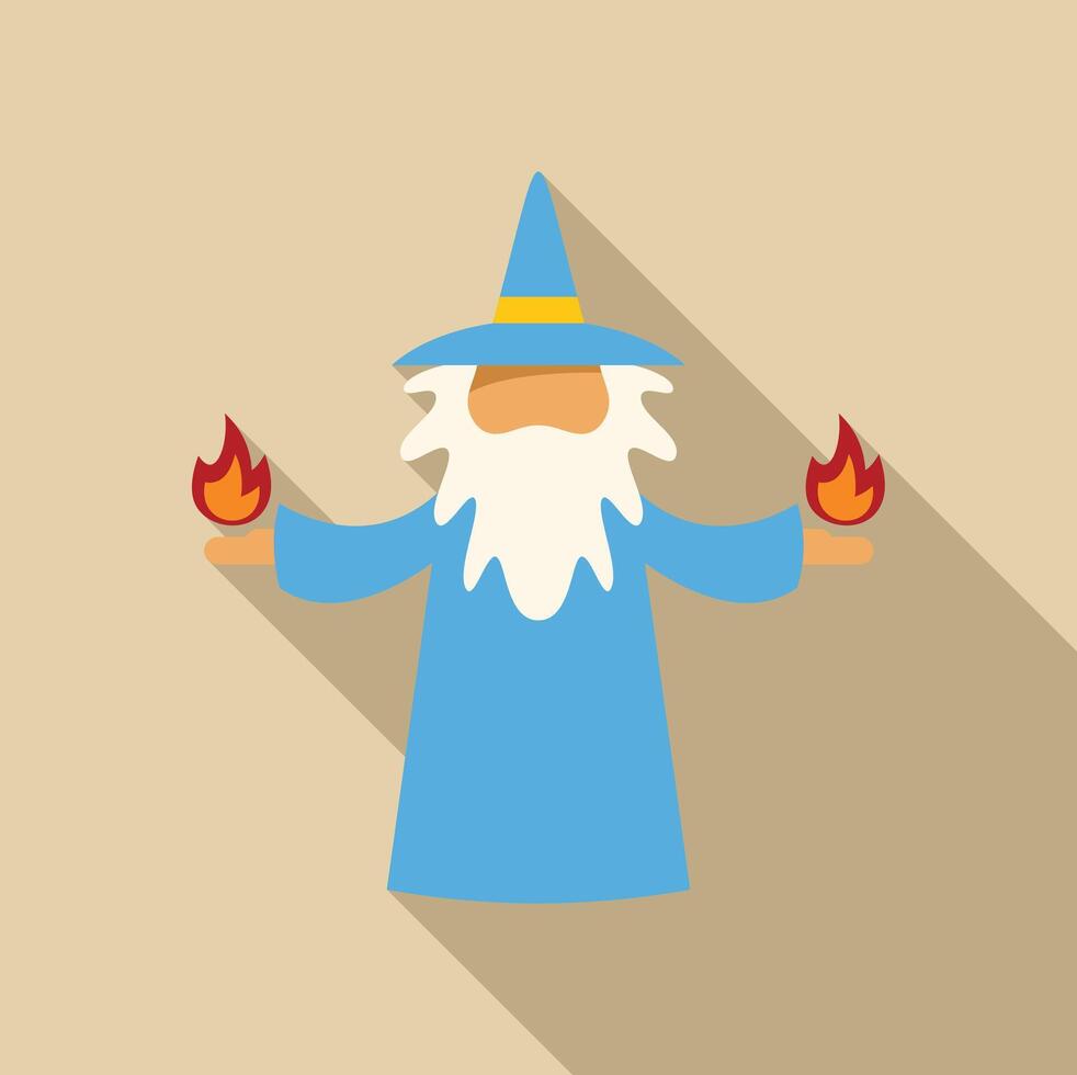 Blue wizard holding fire in his hands with long shadow vector
