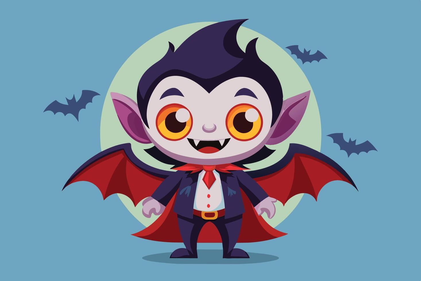 A cute cartoon vampire character with big eyes and a red cape surrounded by bats against a blue background vector