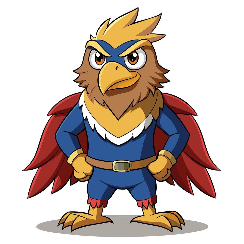 A cartoon eagle character in a superhero outfit with blue and red colors stands confidently with a determined expression vector