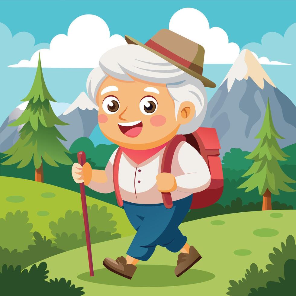 Happy elderly man hiking in a scenic mountainous landscape, enjoying nature on a sunny day amidst trees and hills vector