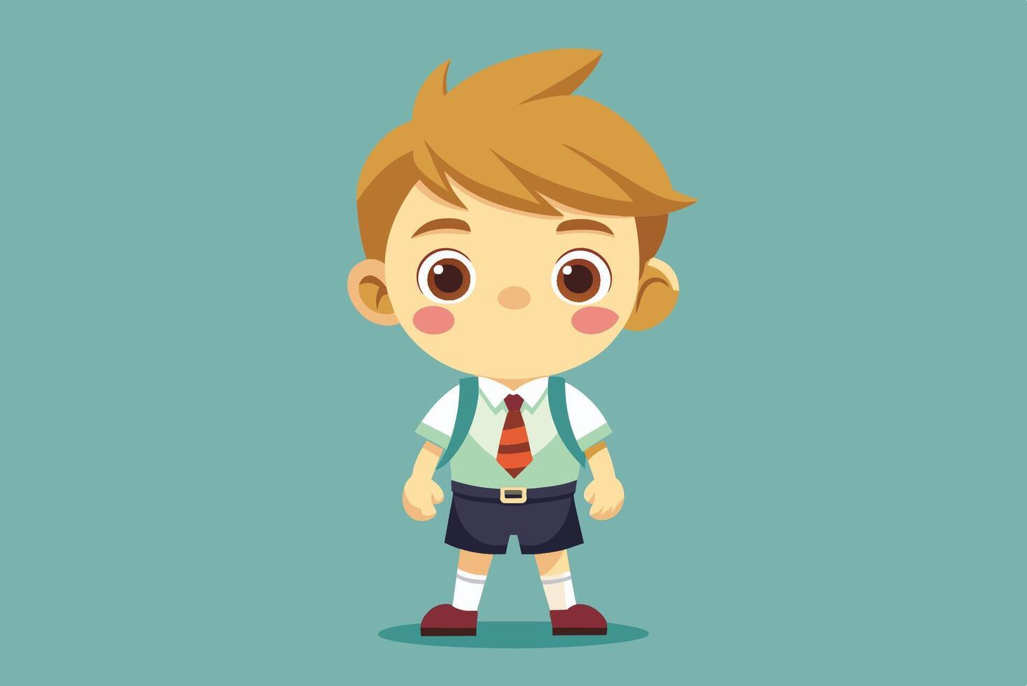 A cheerful boy in a green shirt and red tie stands confidently against a blue background, embodying elementary school style and innocence vector