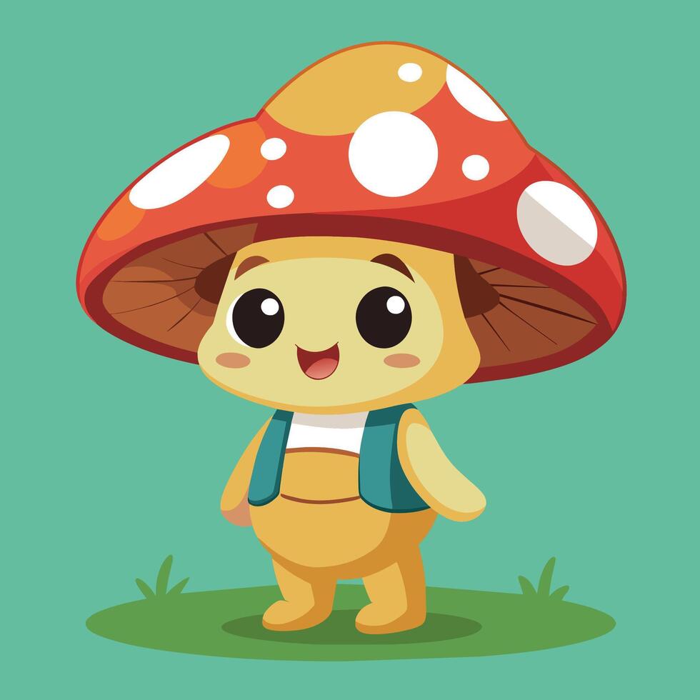 A cheerful cartoon character with a large red mushroom cap standing in a green field, wearing a small backpack and smiling joyfully vector