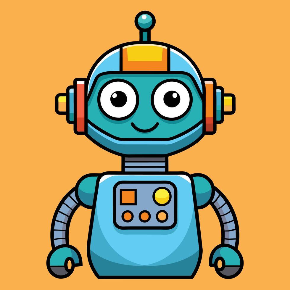 A cheerful cartoon robot with large eyes and colorful elements, set against a bright orange background, showcasing a playful design for children vector