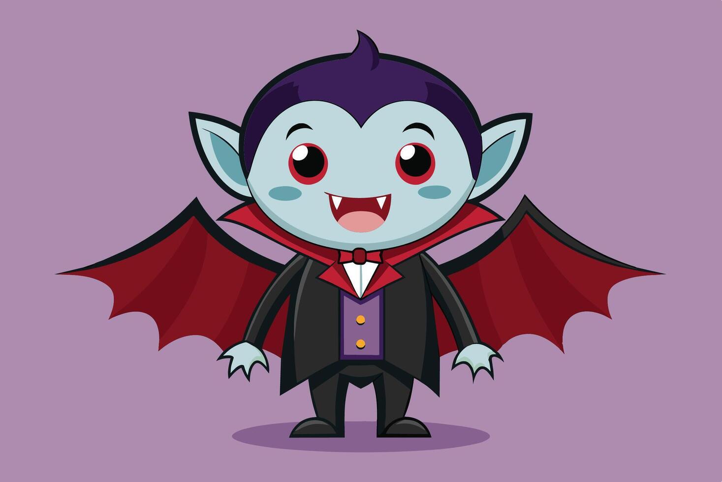 A cheerful cartoon vampire with a cape and fangs standing against a purple background, perfect for Halloween themed illustrations or decorations vector