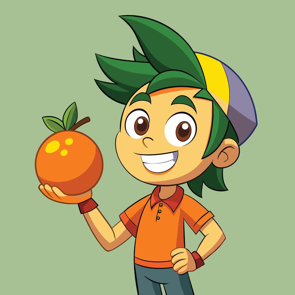 A cheerful cartoon character holds an orange while wearing a colorful cap and an orange shirt against a light green background vector