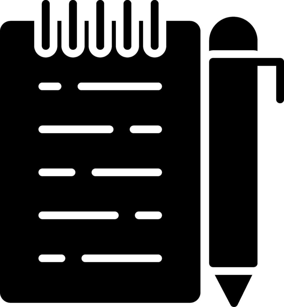 A black and white icon of a pen and notepad vector