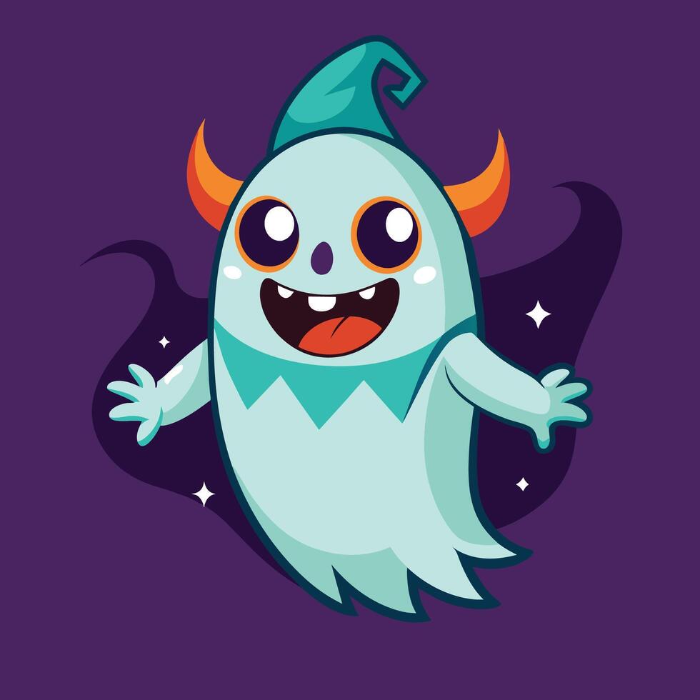 A cheerful cartoon ghost character with big eyes and a playful expression, set against a purple background with stars vector
