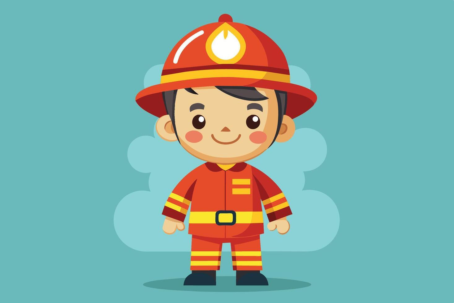A cheerful young firefighter character in bright red uniform and hat stands confidently against a light green background vector