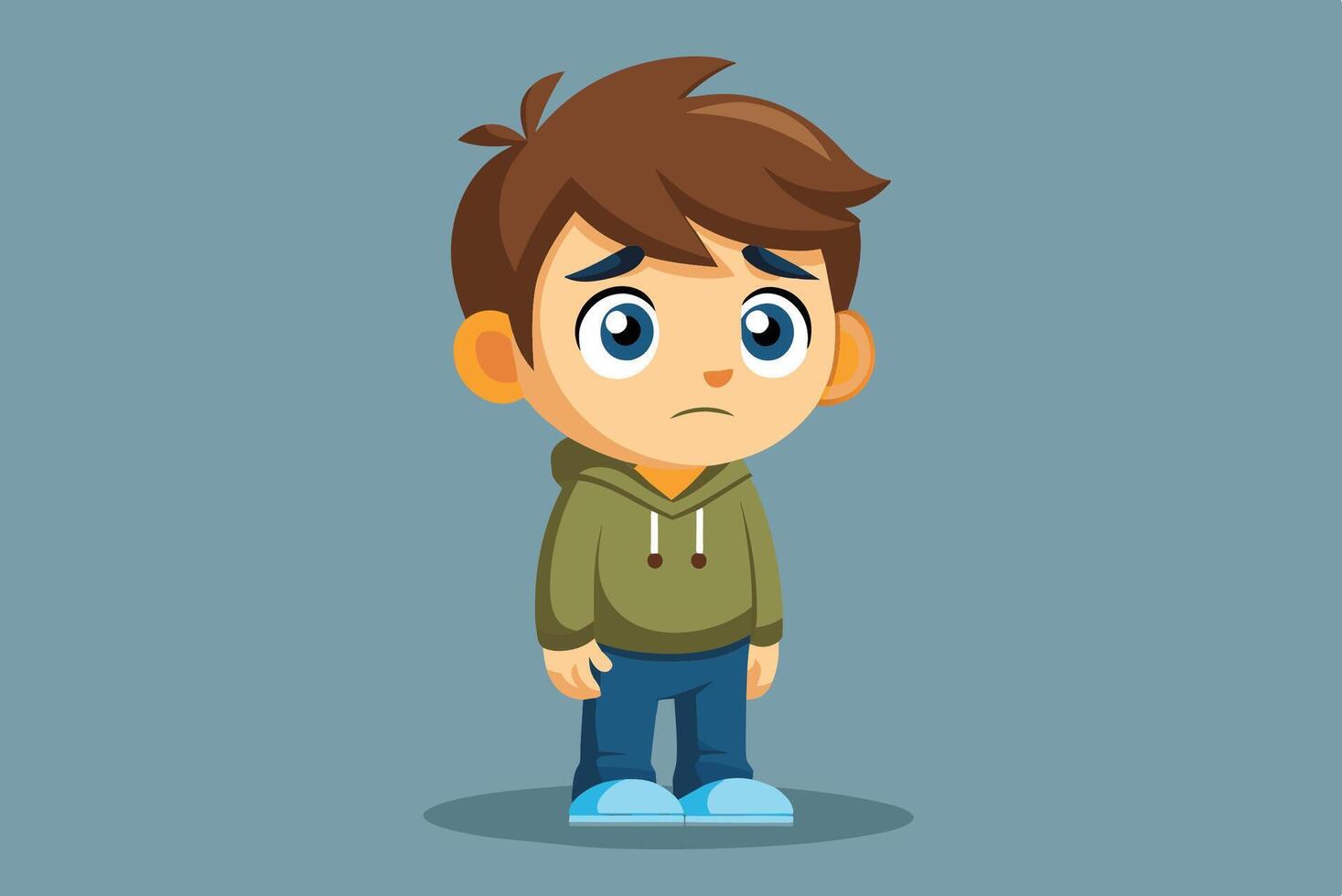A sad young boy in a green hoodie stands alone on a plain blue background, expressing his emotions clearly and directly vector