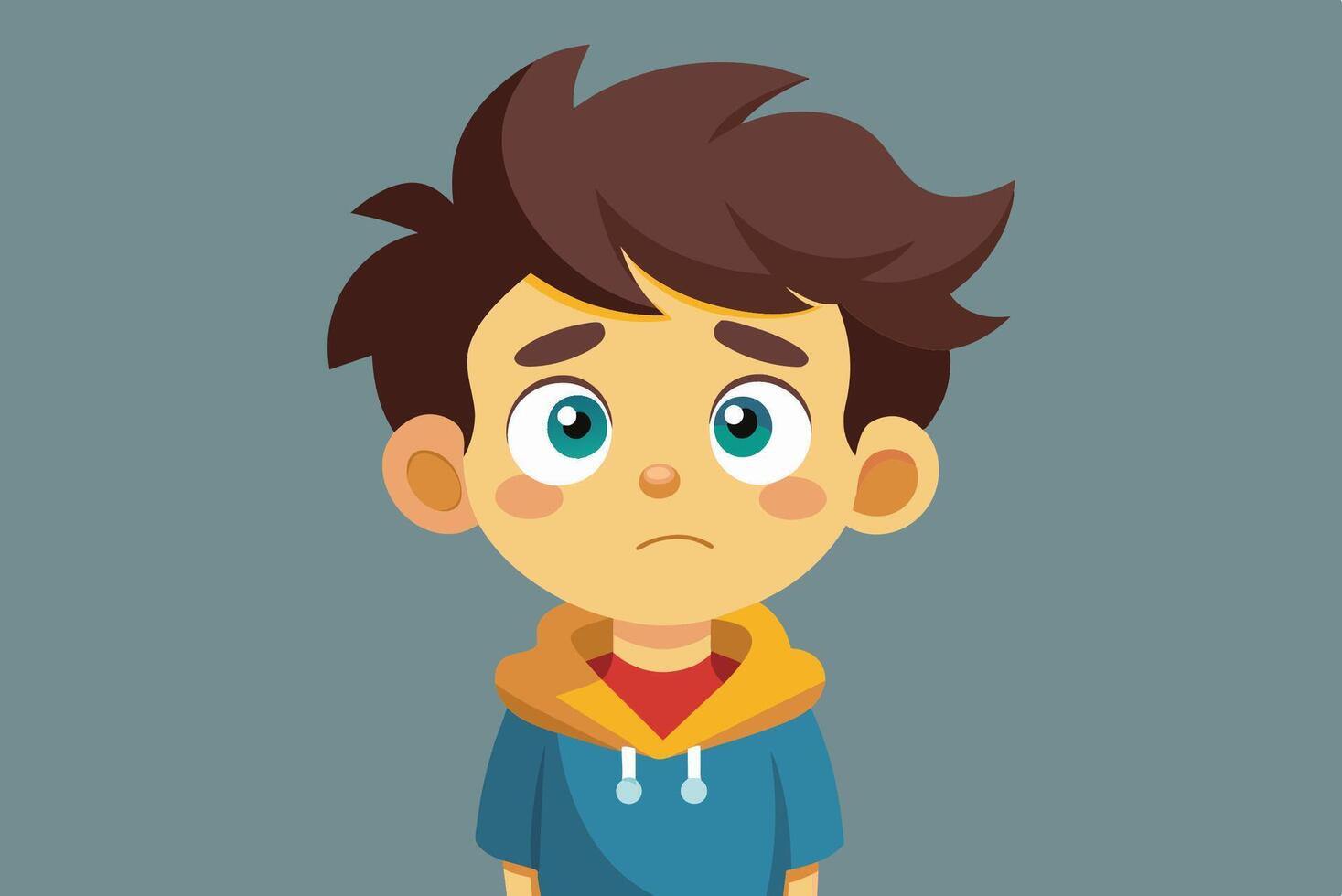 A young boy with a worried expression wearing a hoodie stands against a plain background, expressing feelings of concern or sadness vector