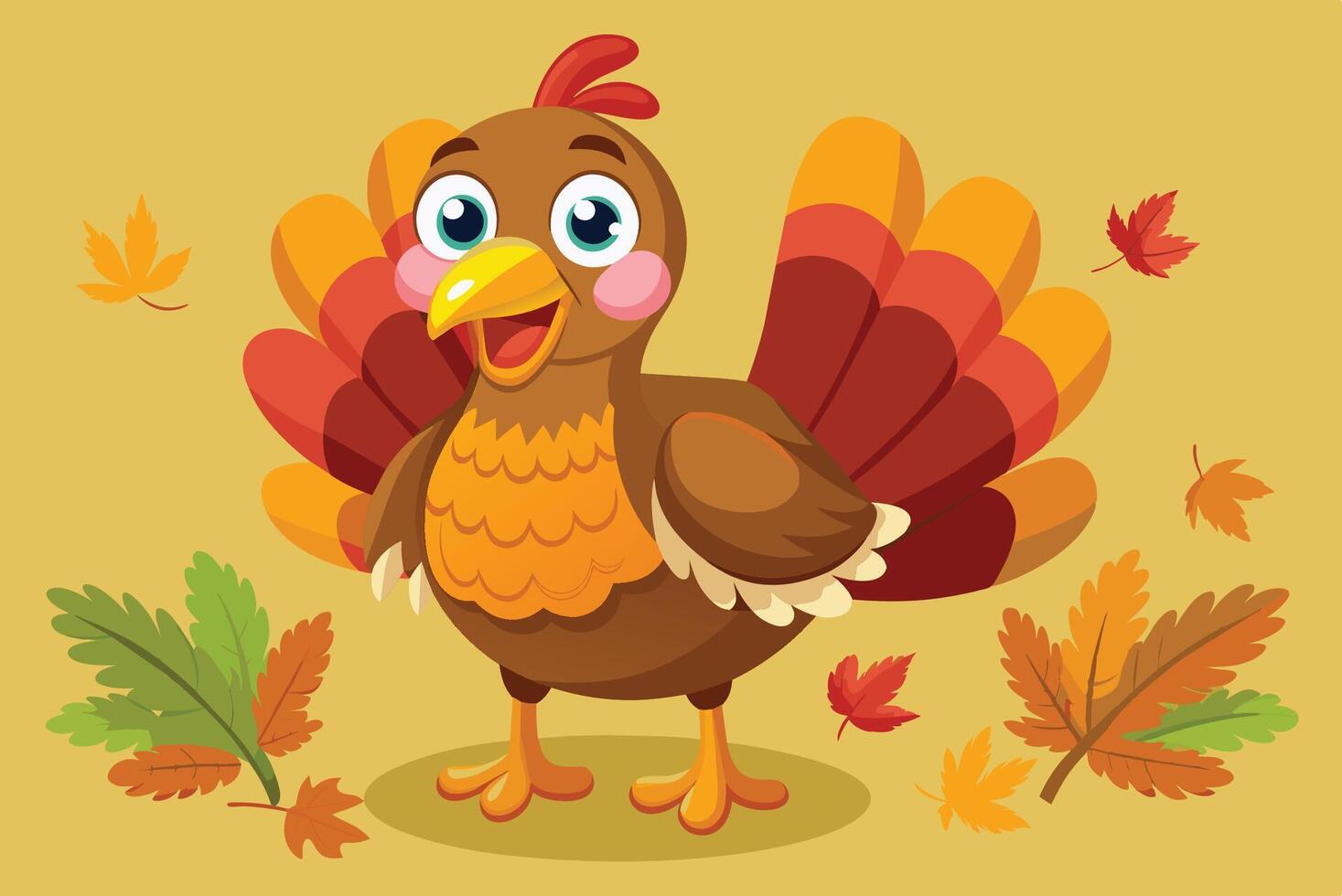 A cheerful cartoon turkey surrounded by colorful autumn leaves in a festive mood ready for Thanksgiving celebrations vector