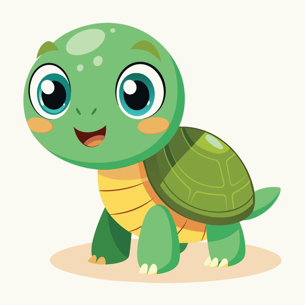 Cute cartoon turtle character with big eyes standing on a light background, smiling joyfully in a playful pose vector