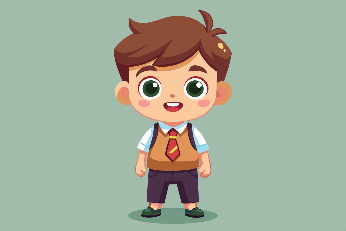 A cheerful cartoon boy with brown hair and green eyes wearing a vest, shorts, and a tie stands smiling against a simple background vector