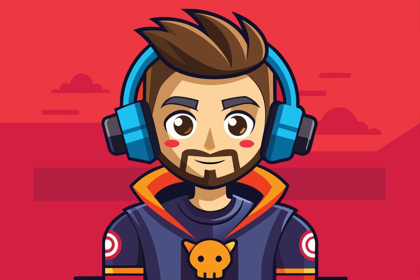 A young gamer with headphones enjoys a gaming session, set against a vibrant red background in a digital art style vector