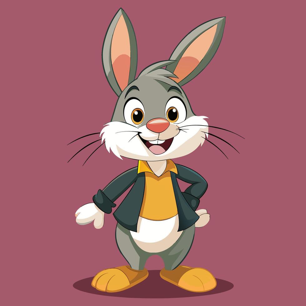 Animated gray rabbit character dressed in casual clothing poses happily against a solid background with a cheerful expression vector
