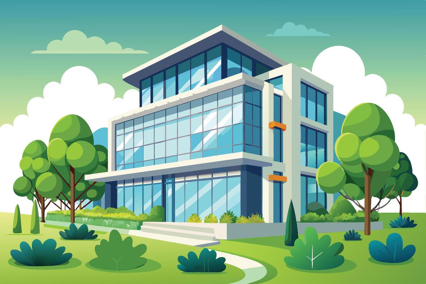 Modern architectural building surrounded by greenery and trees, showcasing a clear blue sky and vibrant landscaping during the day vector