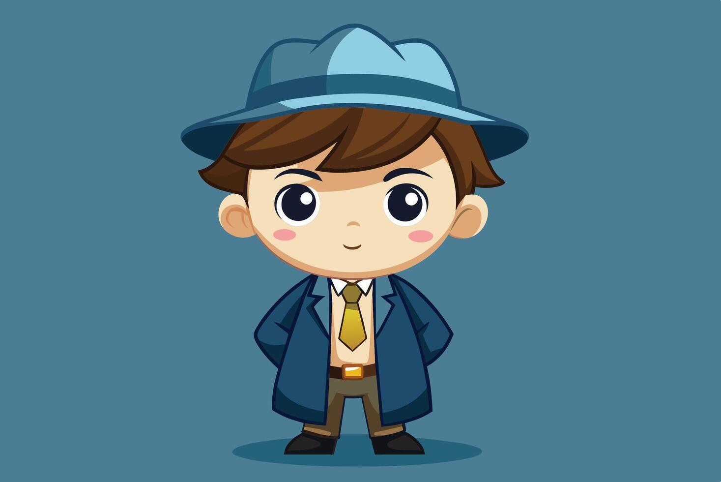 A cheerful cartoon detective dressed in a blue hat, coat, and tie poses confidently against a solid blue backdrop vector