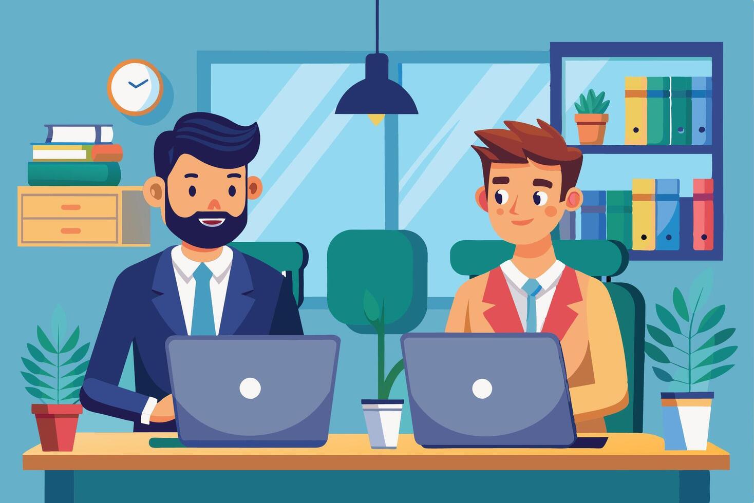 Business meeting in a modern office setting with two professionals discussing strategies while working on laptops vector