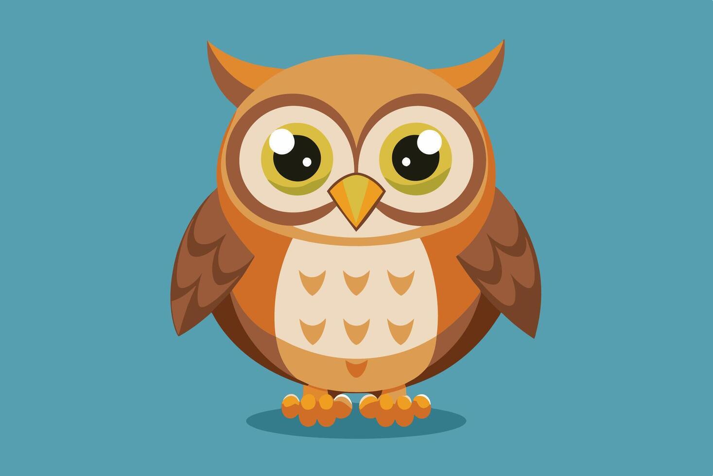 Cute cartoon owl standing on a solid turquoise background, showcasing large expressive eyes and a cheerful demeanor vector