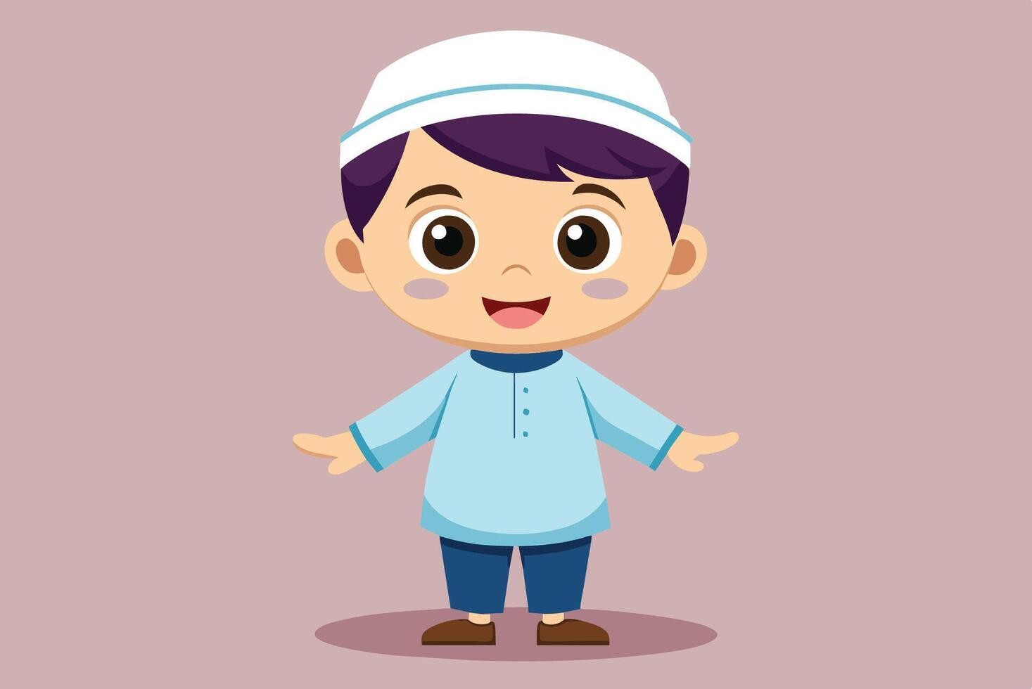 Cheerful young boy in traditional attire smiling and welcoming you, set against a plain pastel backdrop vector