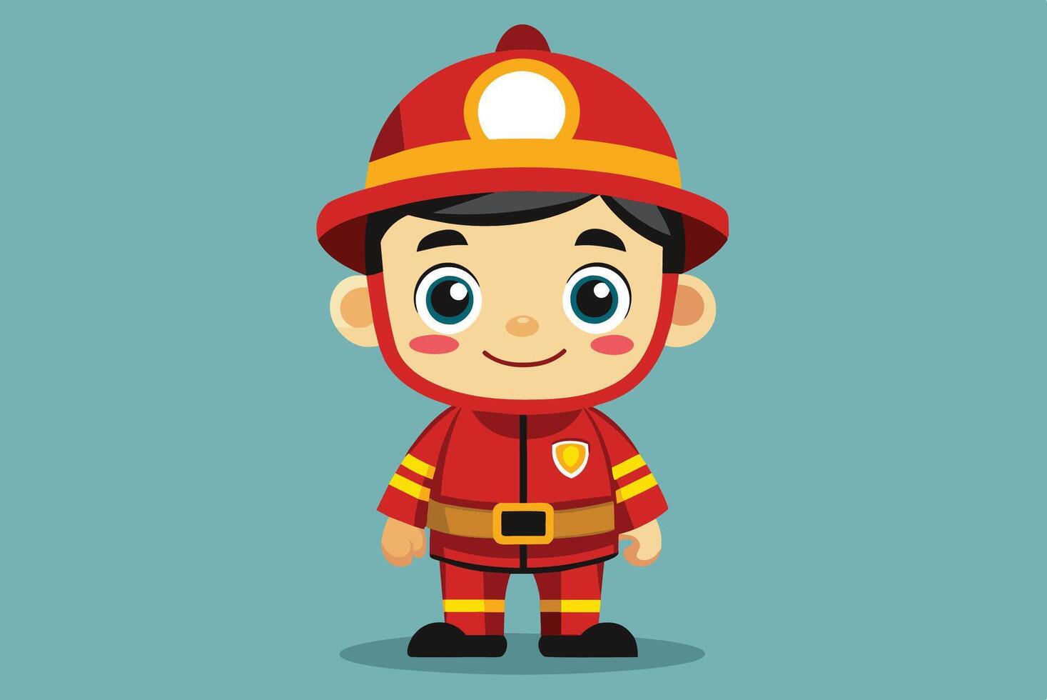 Cute child in a bright red firefighter outfit, smiling confidently while standing against a solid light blue background vector